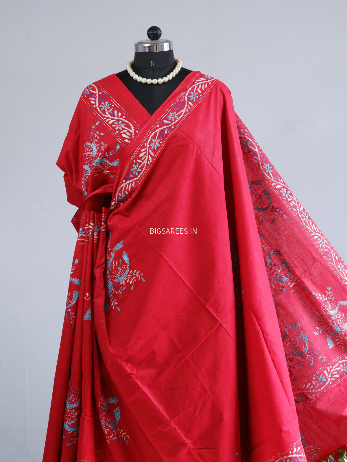 Kantha Stitch Hand-Embroidered Saree | Khadi Cotton | Red