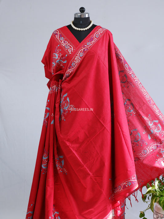 Kantha Stitch Hand-Embroidered Saree | Khadi Cotton | Red