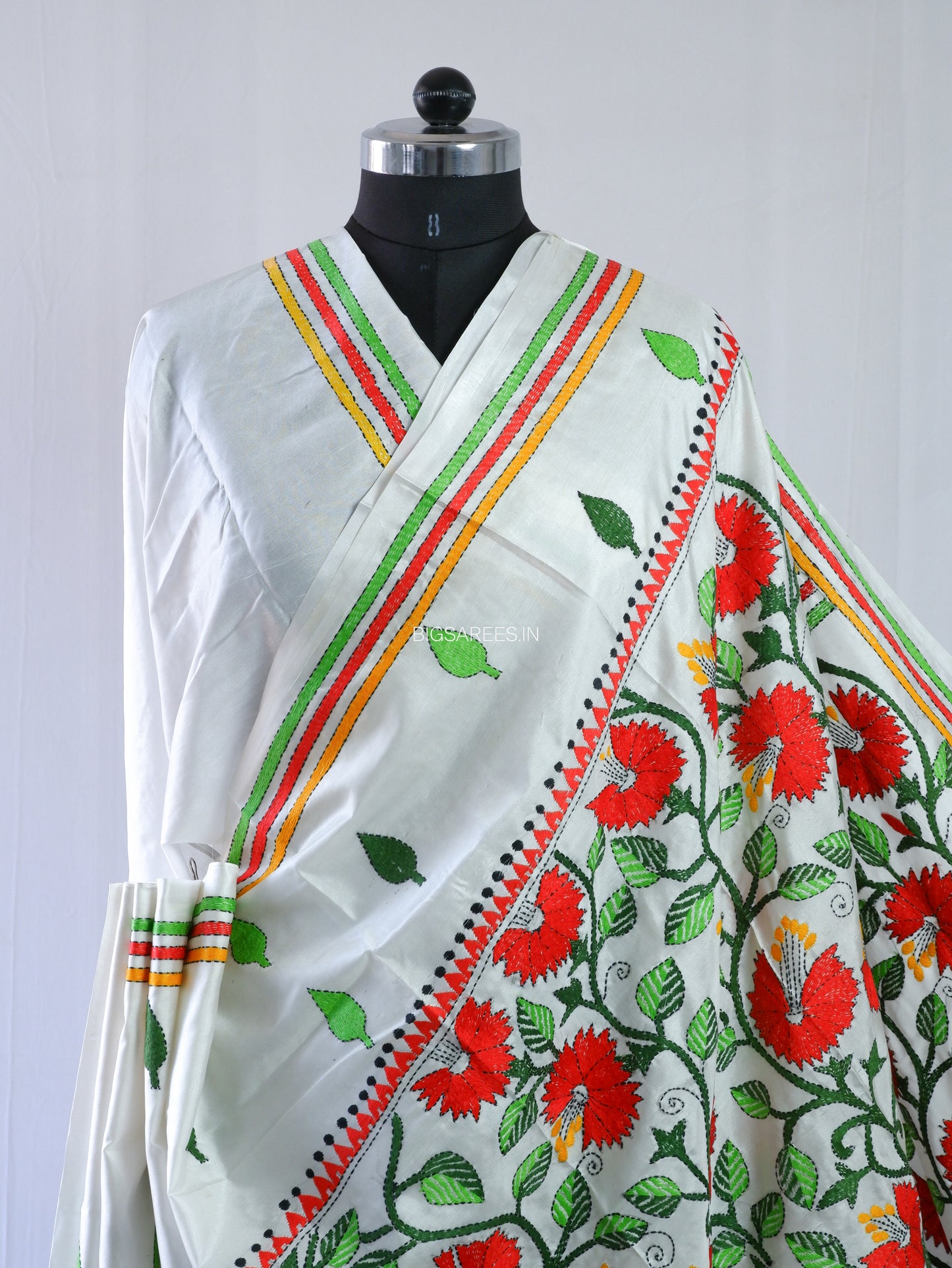 Kantha - Stitch Hand Embroidered Saree | Blended Bangalore Silk / Art Silk | White