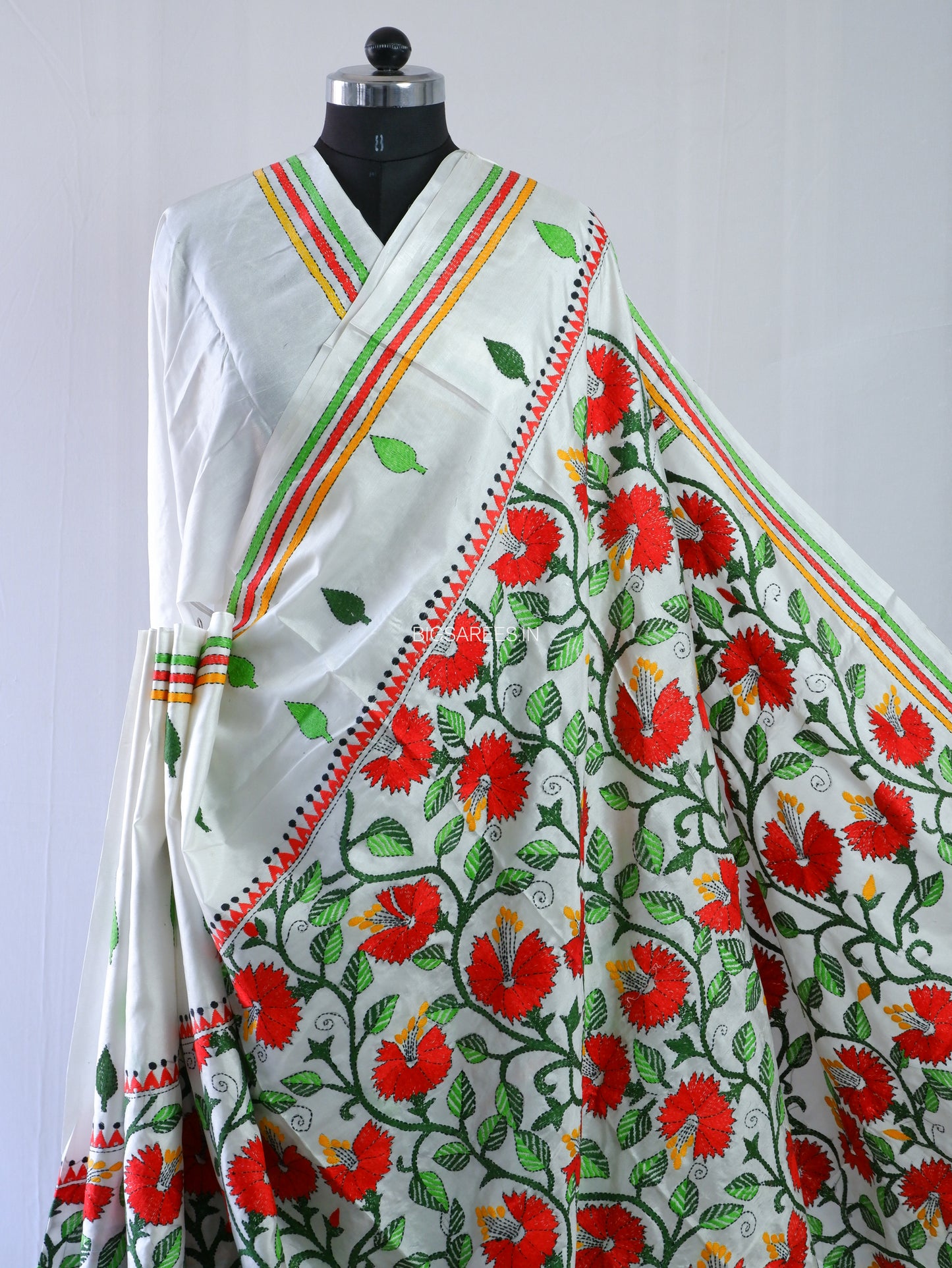 Kantha - Stitch Hand Embroidered Saree | Blended Bangalore Silk / Art Silk | White