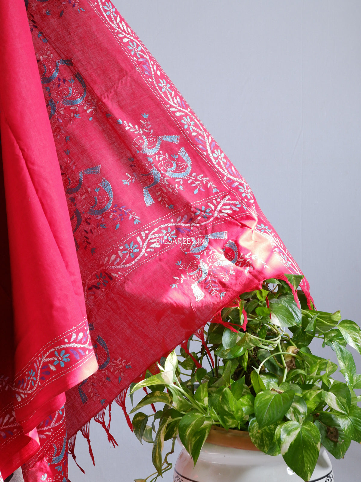 Kantha Stitch Hand-Embroidered Saree | Khadi Cotton | Red
