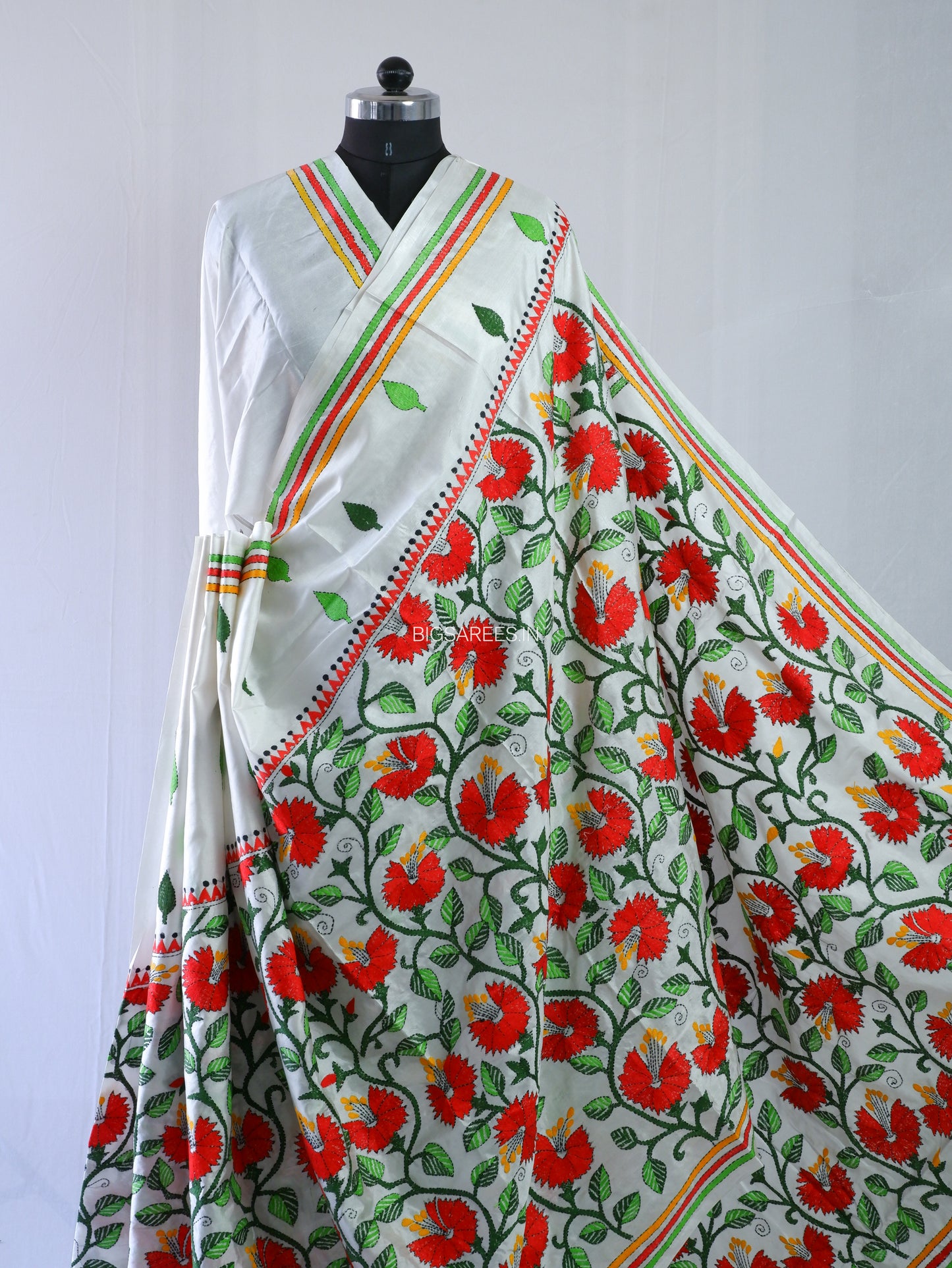 Kantha - Stitch Hand Embroidered Saree | Blended Bangalore Silk / Art Silk | White