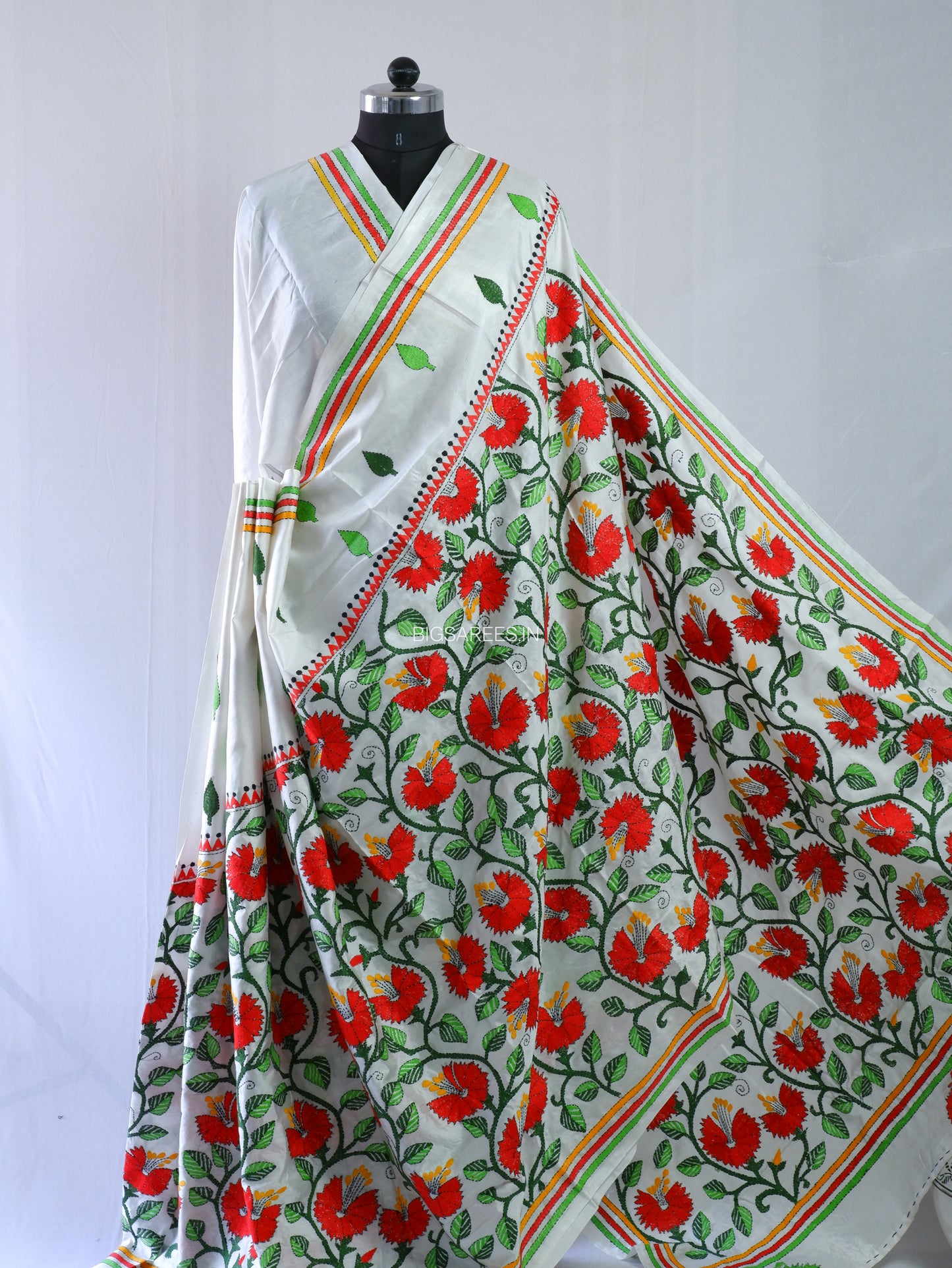 Kantha - Stitch Hand Embroidered Saree | Blended Bangalore Silk / Art Silk | White