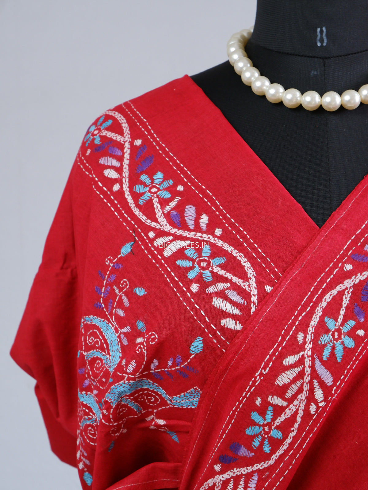 Kantha Stitch Hand-Embroidered Saree | Khadi Cotton | Red