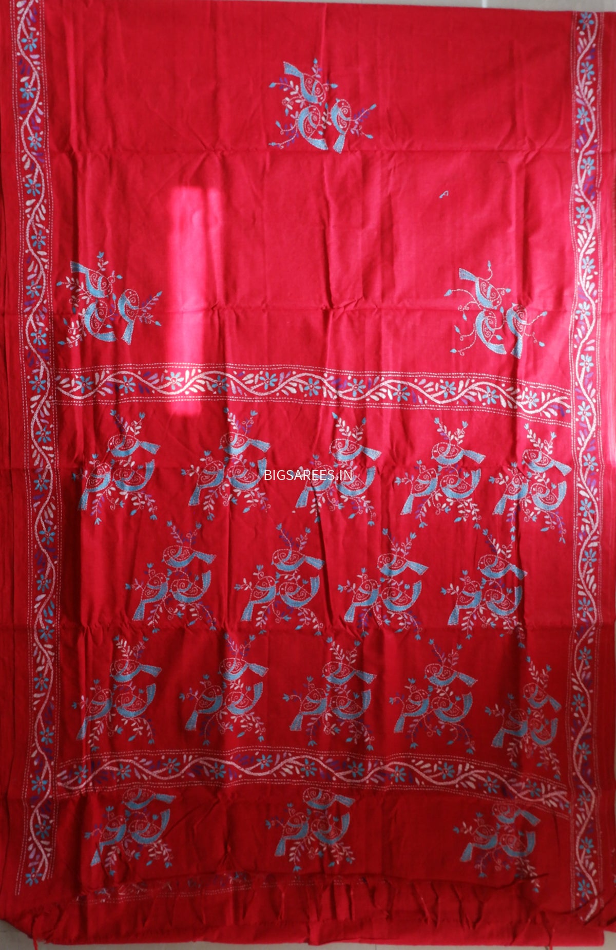 Kantha Stitch Hand-Embroidered Saree | Khadi Cotton | Red