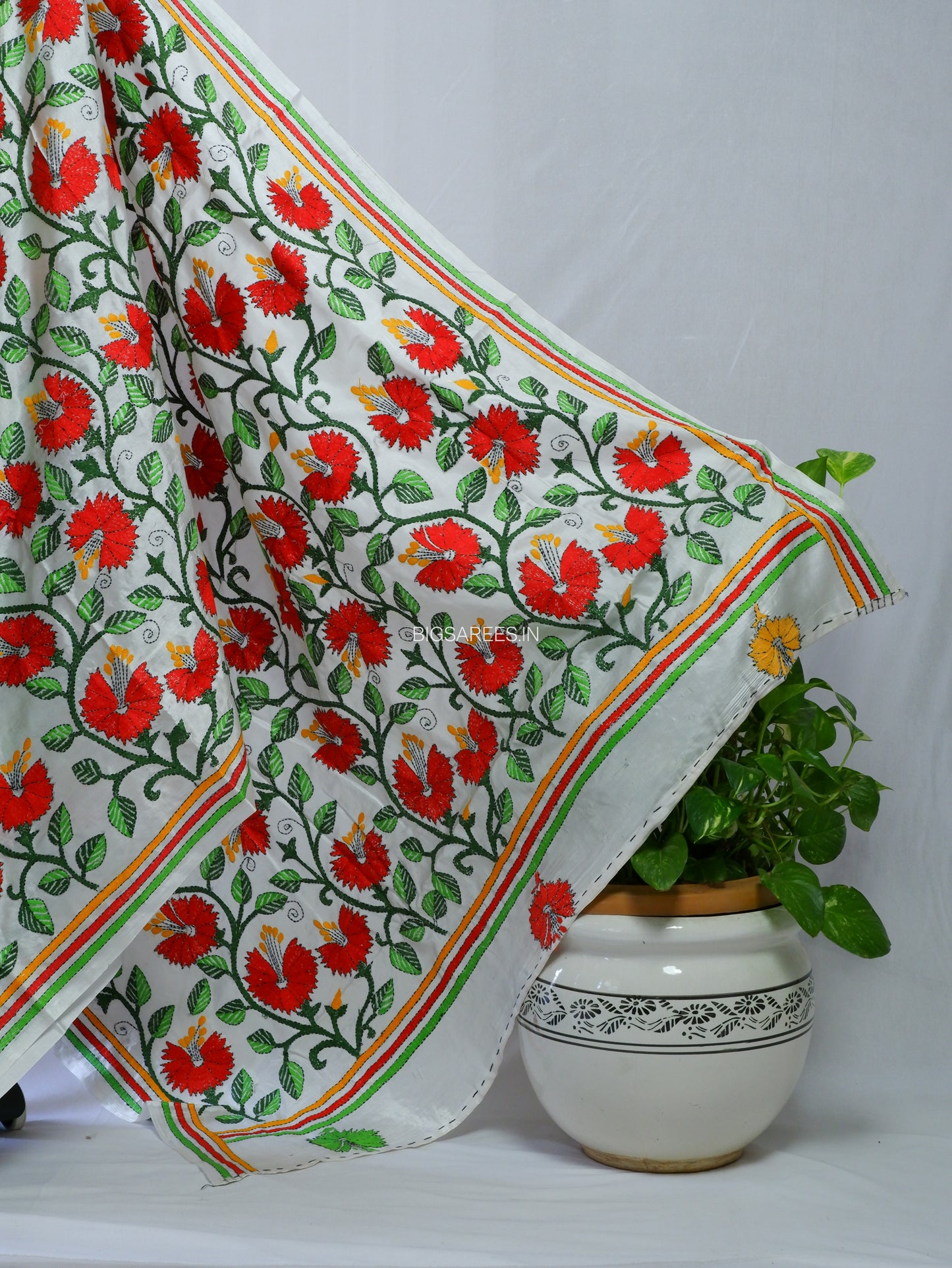 Kantha - Stitch Hand Embroidered Saree | Blended Bangalore Silk / Art Silk | White