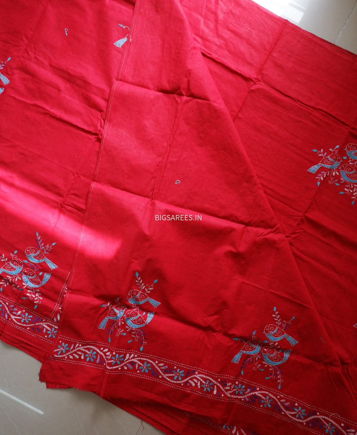 Kantha Stitch Hand-Embroidered Saree | Khadi Cotton | Red