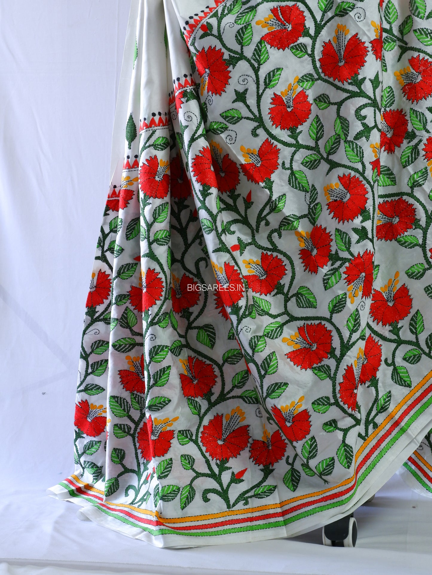 Kantha - Stitch Hand Embroidered Saree | Blended Bangalore Silk / Art Silk | White