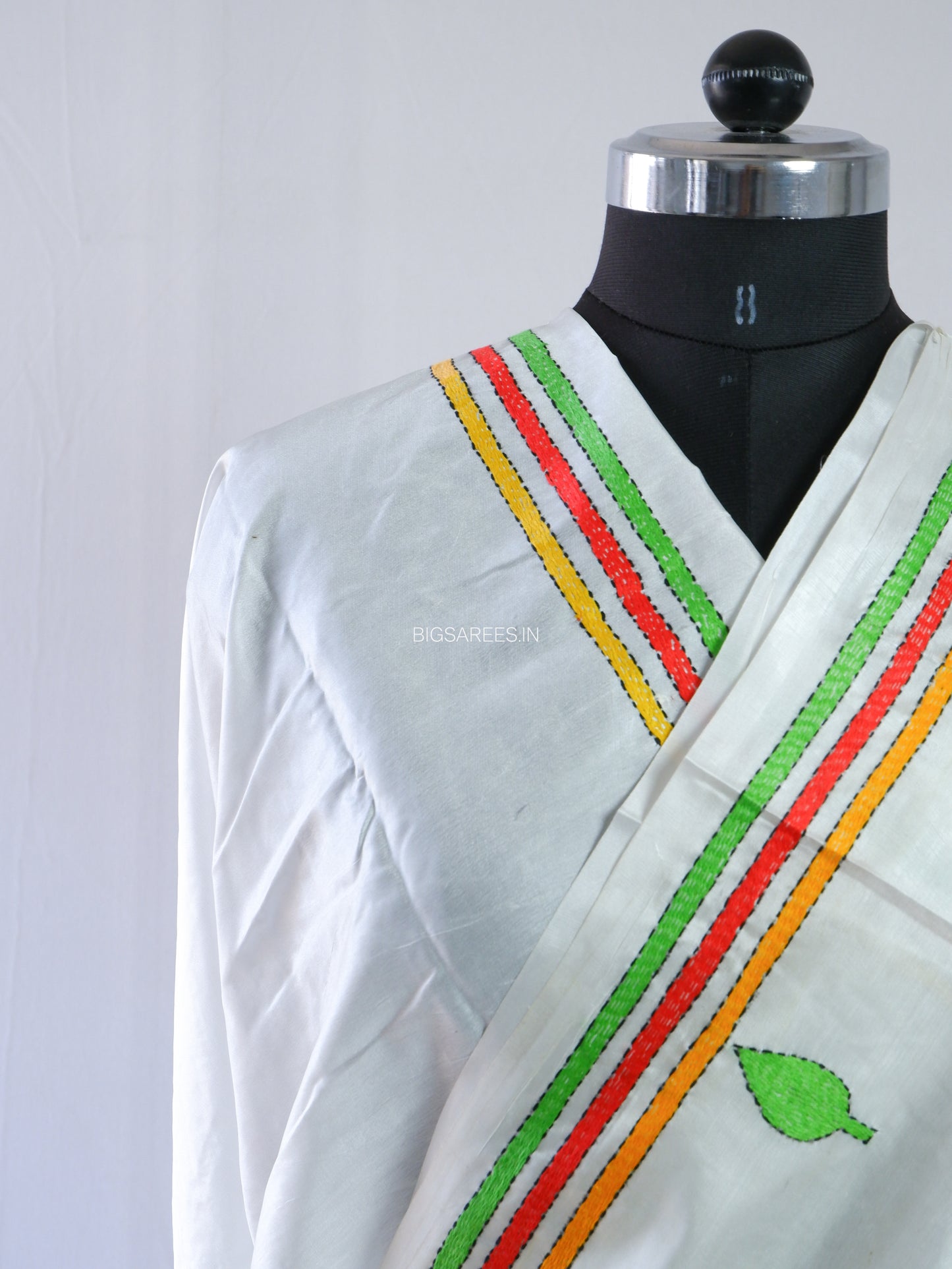 Kantha - Stitch Hand Embroidered Saree | Blended Bangalore Silk / Art Silk | White