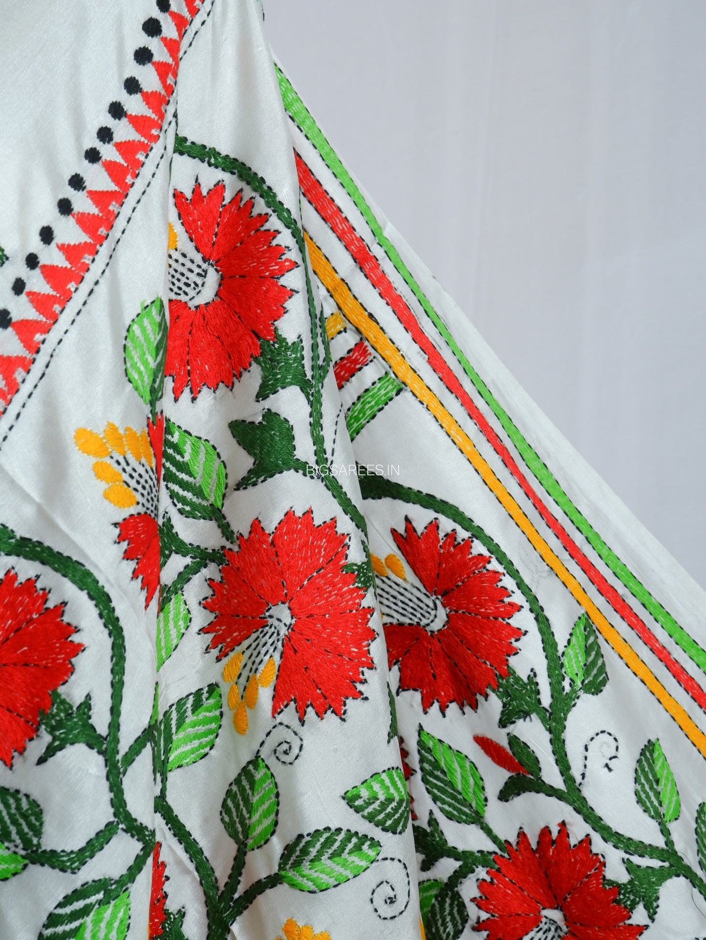Kantha - Stitch Hand Embroidered Saree | Blended Bangalore Silk / Art Silk | White