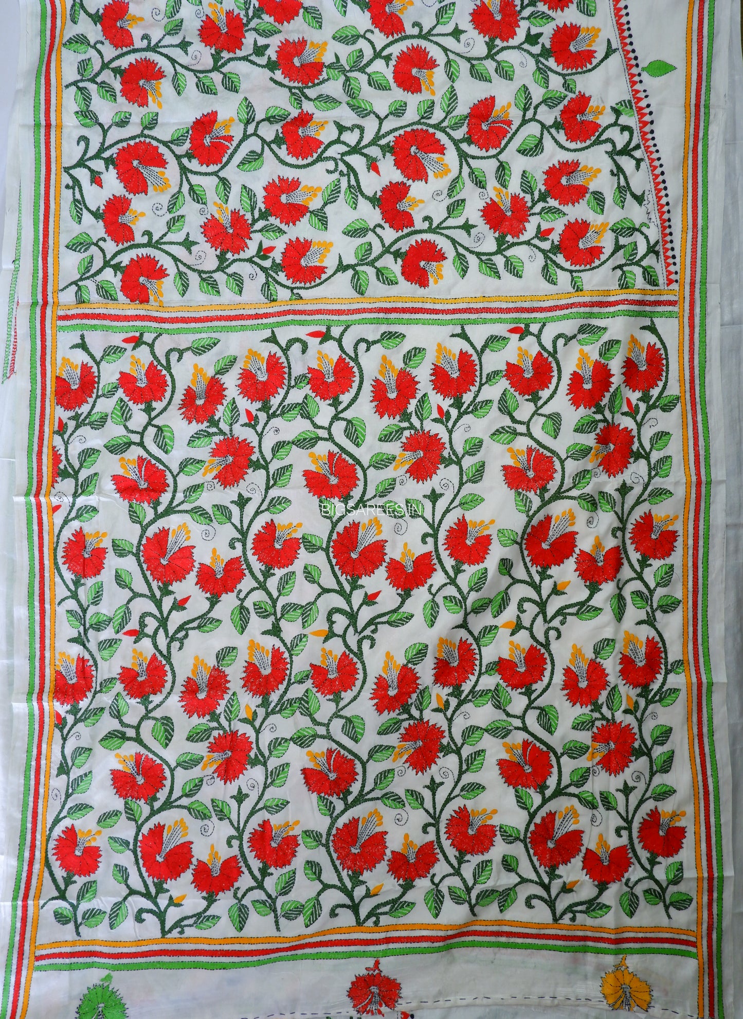 Kantha - Stitch Hand Embroidered Saree | Blended Bangalore Silk / Art Silk | White