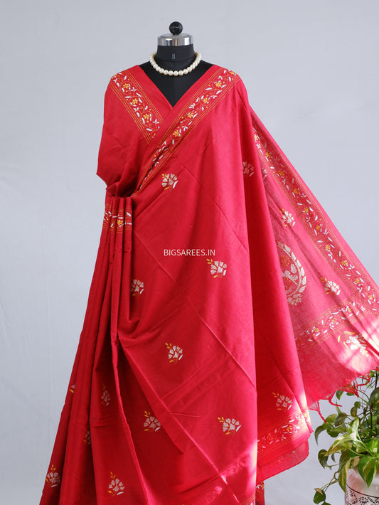 Kantha Hand-Embroidered Saree | Pure Khadi Cotton | Red