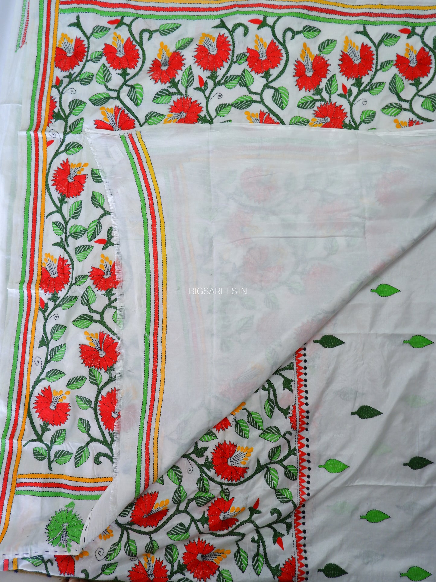Kantha - Stitch Hand Embroidered Saree | Blended Bangalore Silk / Art Silk | White