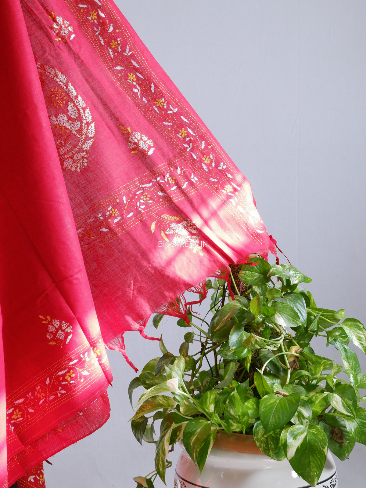 Kantha Hand-Embroidered Saree | Pure Khadi Cotton | Red