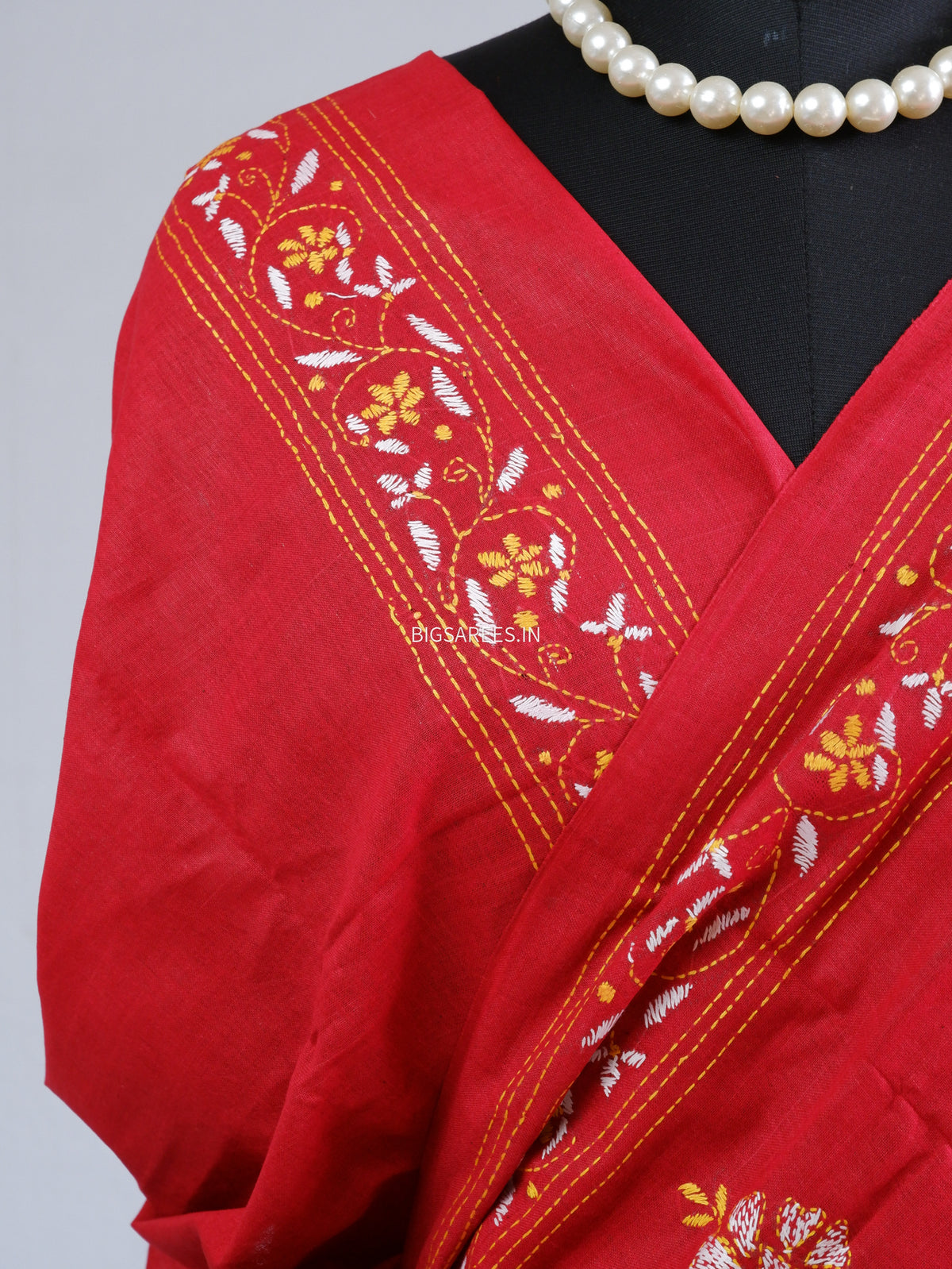 Kantha Hand-Embroidered Saree | Pure Khadi Cotton | Red