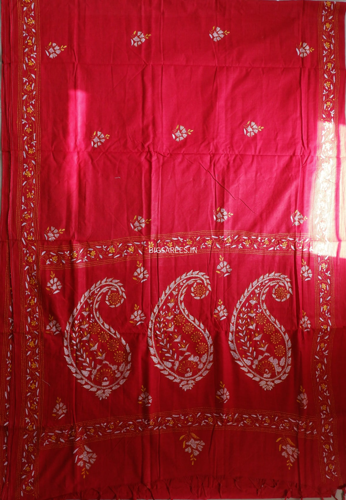 Kantha Hand-Embroidered Saree | Pure Khadi Cotton | Red