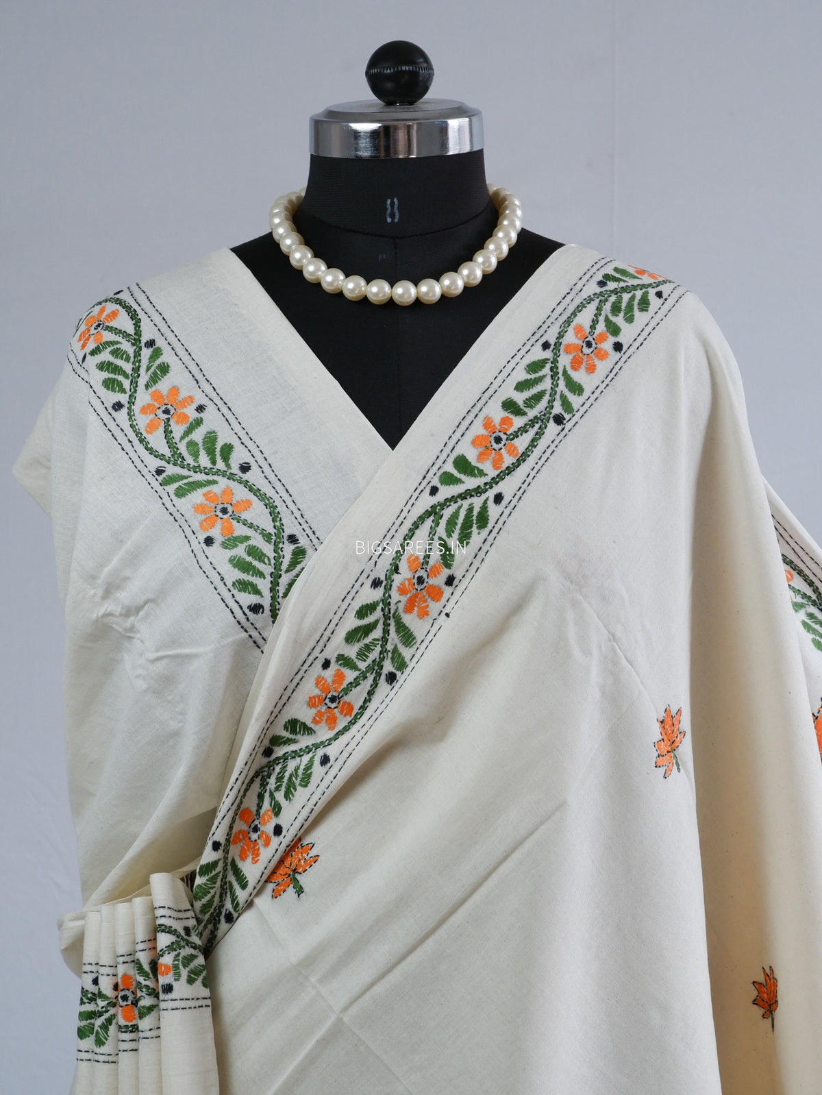 Kantha Hand-Embroidered Saree | Pure Khadi Cotton | White