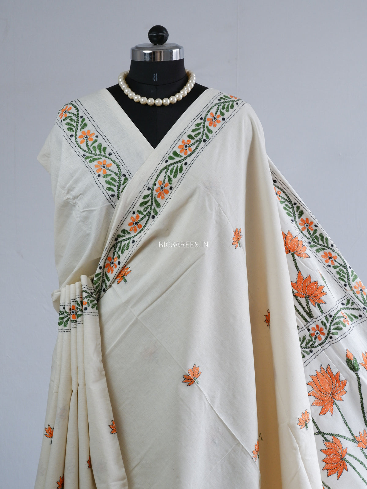 Kantha Hand-Embroidered Saree | Pure Khadi Cotton | White