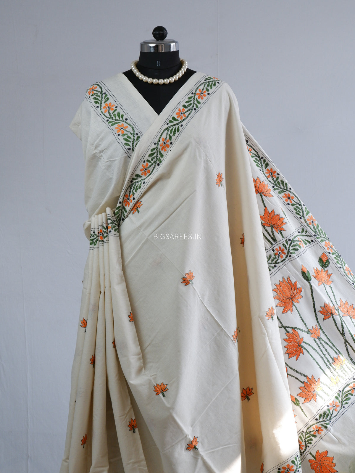 Kantha Hand-Embroidered Saree | Pure Khadi Cotton | White