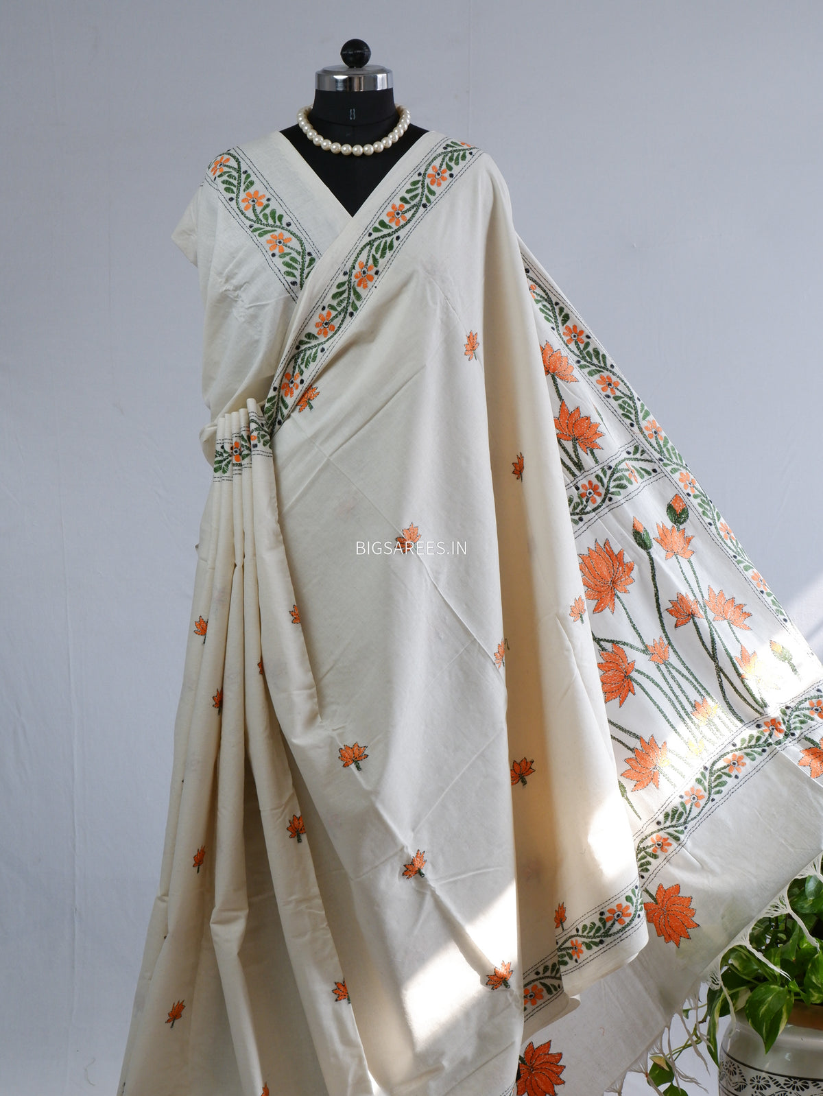 Kantha Hand-Embroidered Saree | Pure Khadi Cotton | White