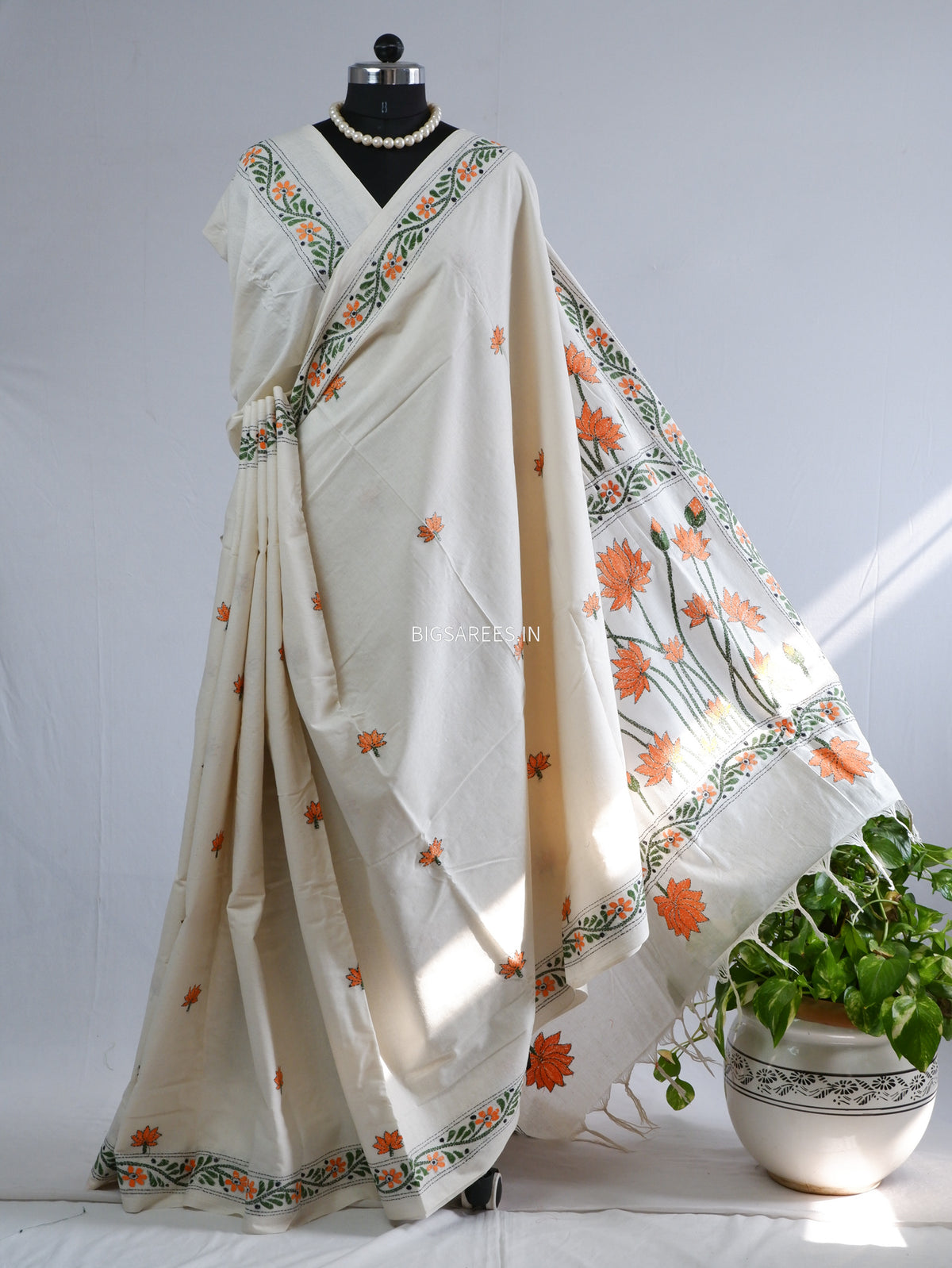 Kantha Hand-Embroidered Saree | Pure Khadi Cotton | White