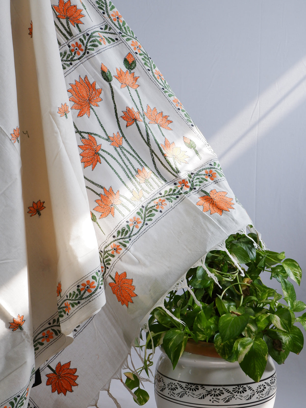 Kantha Hand-Embroidered Saree | Pure Khadi Cotton | White