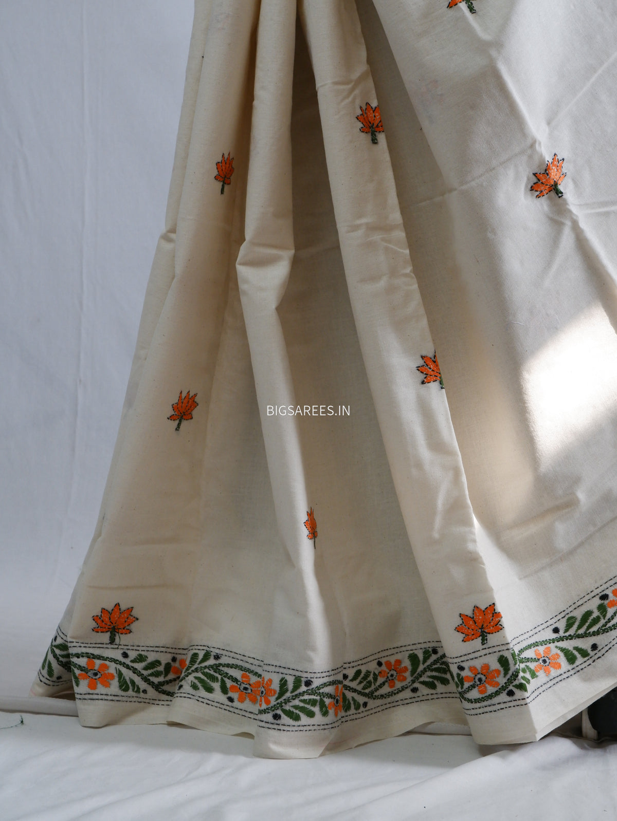 Kantha Hand-Embroidered Saree | Pure Khadi Cotton | White