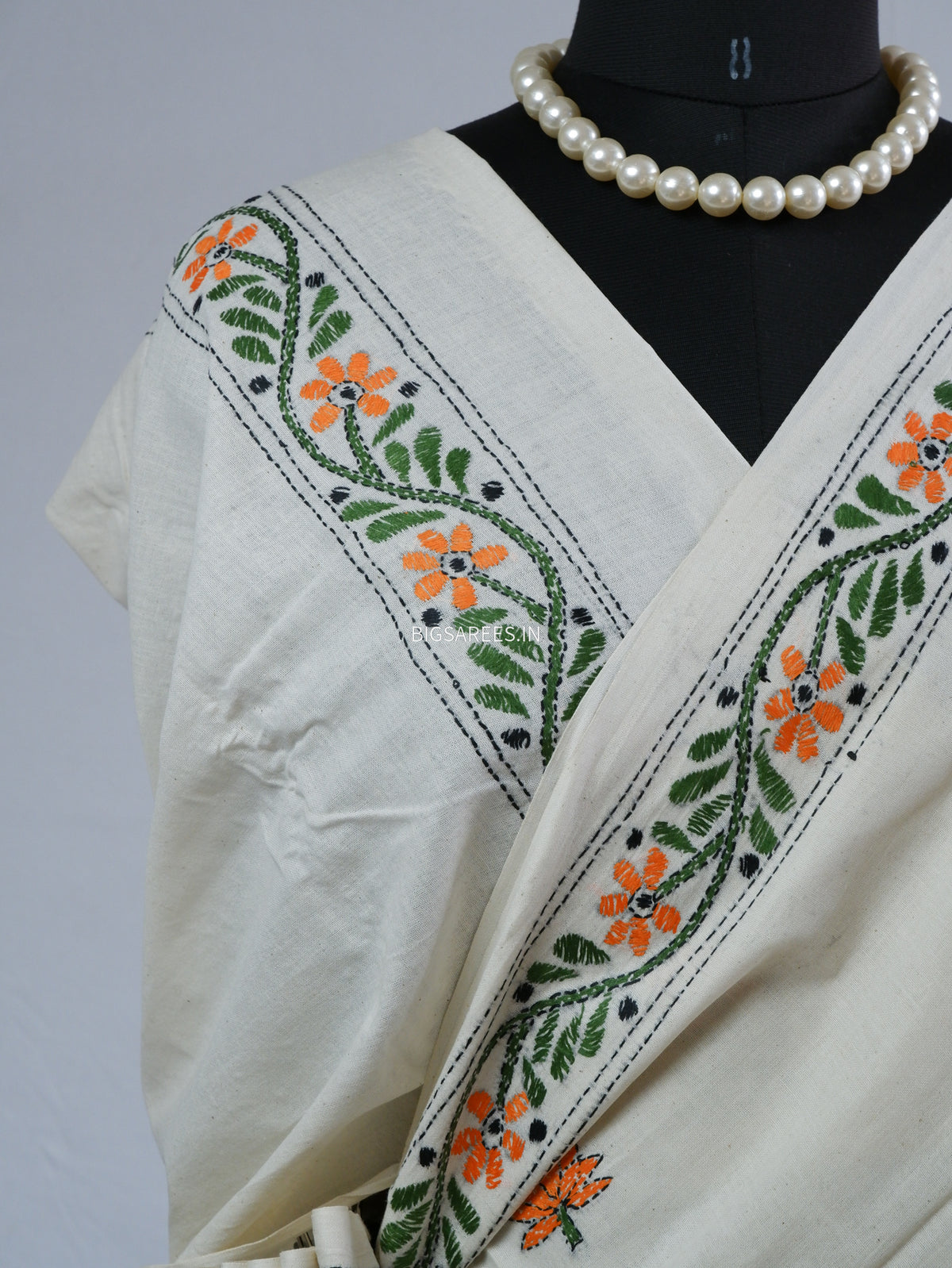 Kantha Hand-Embroidered Saree | Pure Khadi Cotton | White