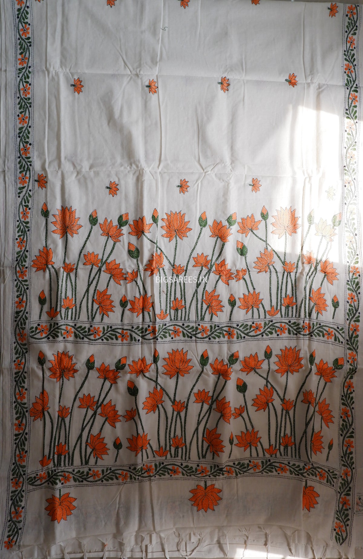 Kantha Hand-Embroidered Saree | Pure Khadi Cotton | White