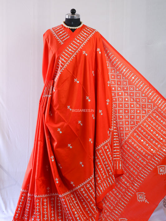 Kutchi/Gujarati Hand Embroidered Saree  | Blended Bangalore Silk / Art Silk | Red