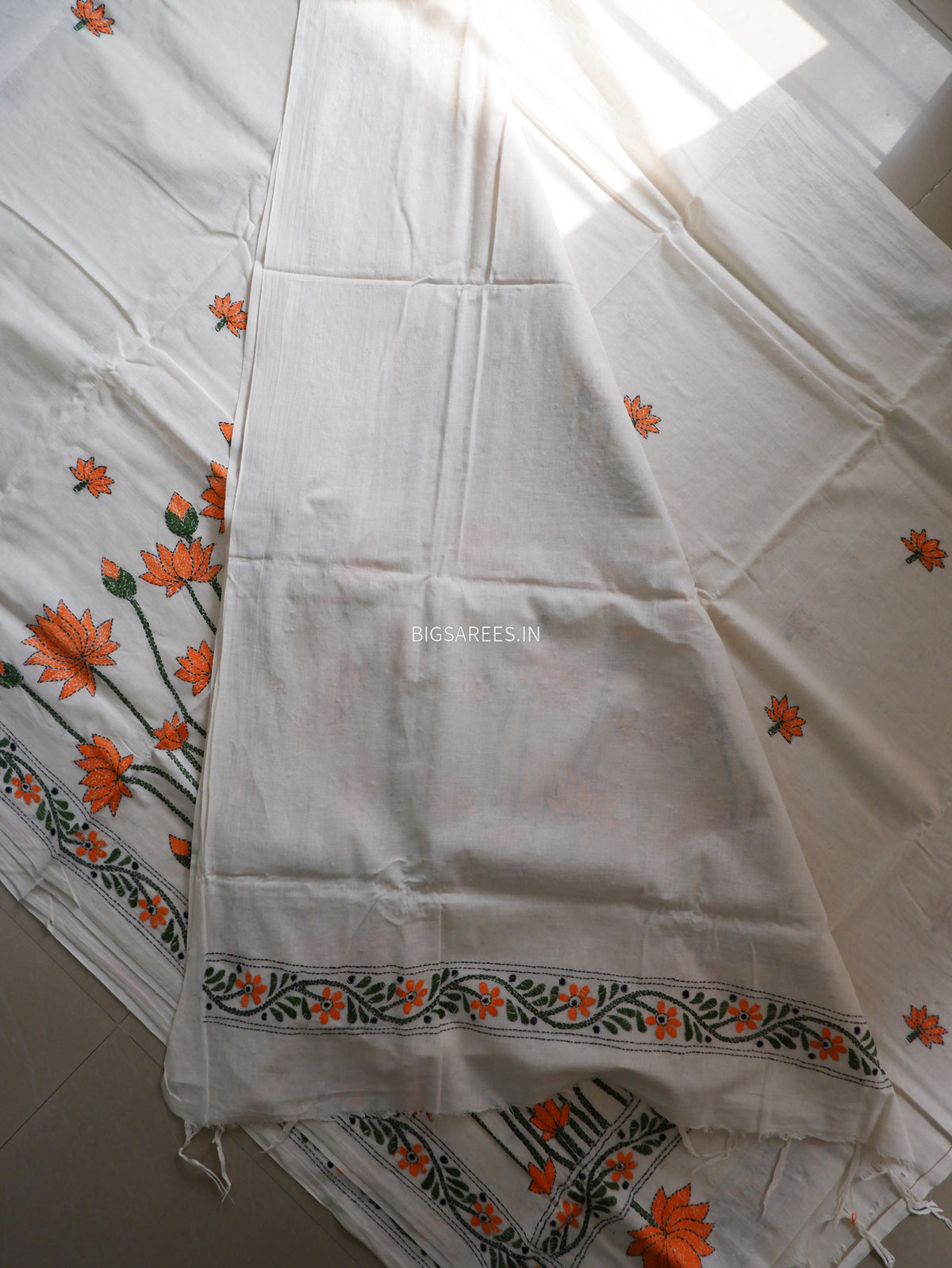 Kantha Hand-Embroidered Saree | Pure Khadi Cotton | White