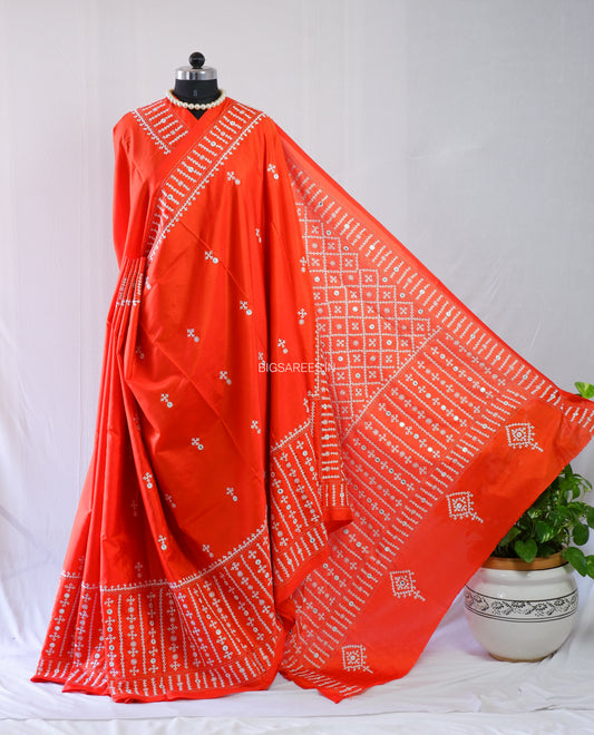 Kutchi/Gujarati Hand Embroidered Saree  | Blended Bangalore Silk / Art Silk | Red