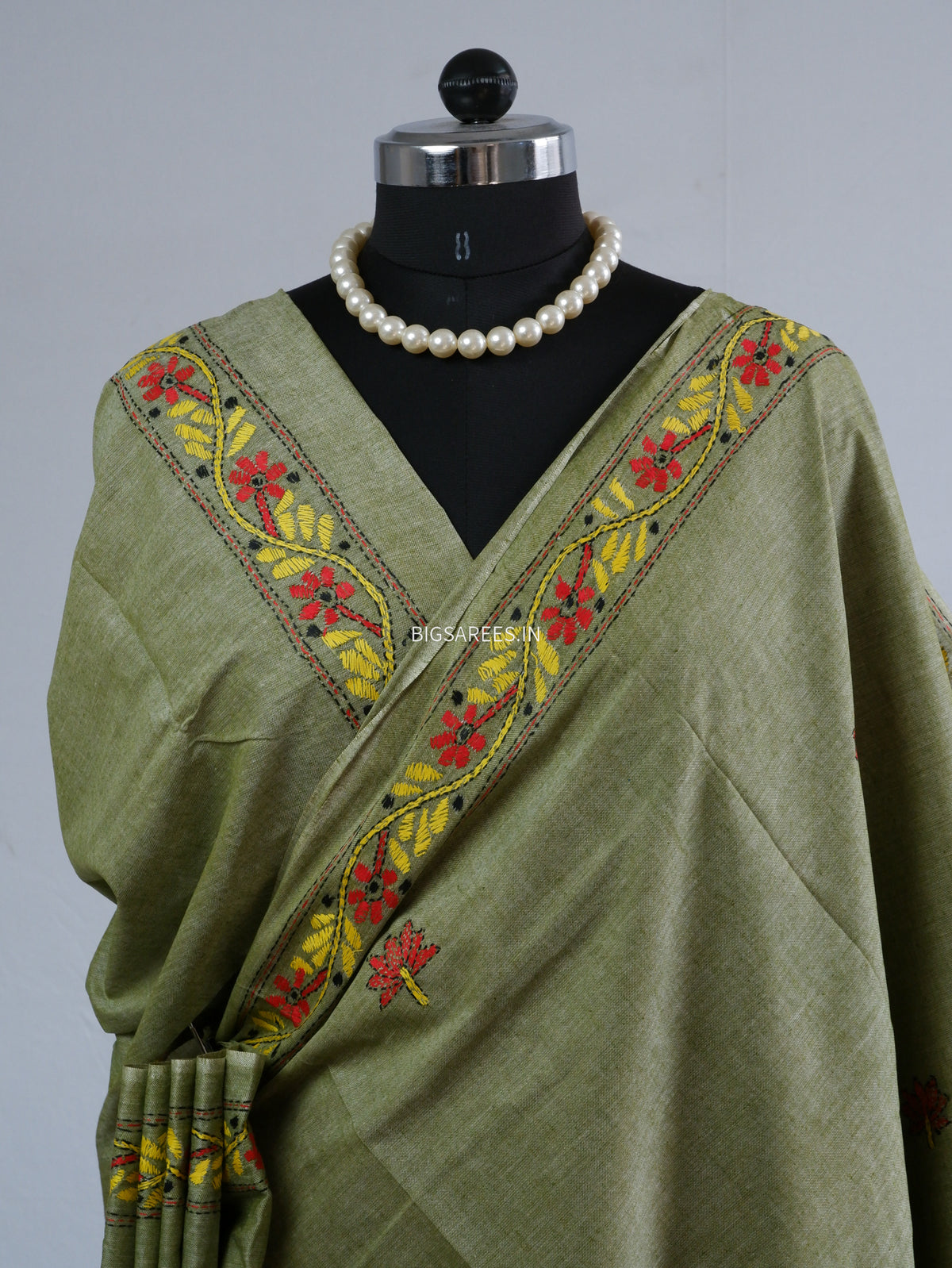 Kantha Hand-Embroidered Saree | Pure Khadi Cotton | Moss Green