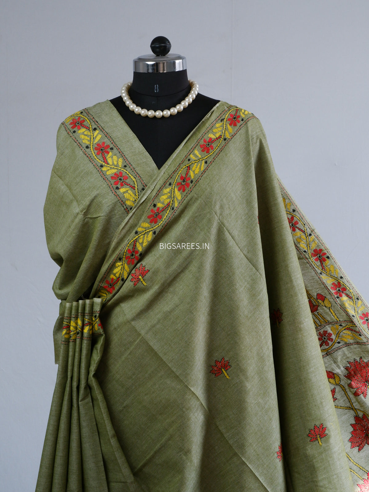 Kantha Hand-Embroidered Saree | Pure Khadi Cotton | Moss Green