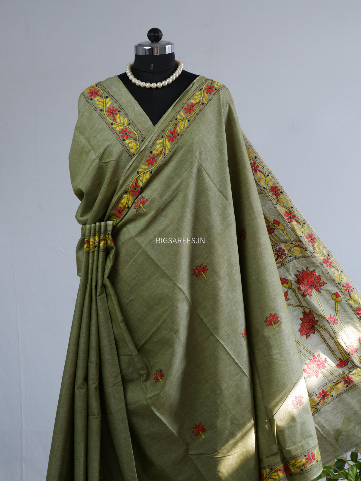 Kantha Hand-Embroidered Saree | Pure Khadi Cotton | Moss Green