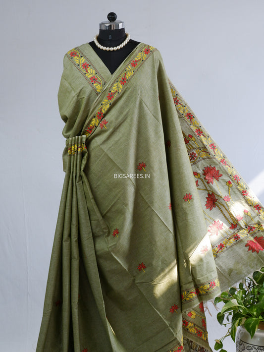 Kantha Hand-Embroidered Saree | Pure Khadi Cotton | Moss Green