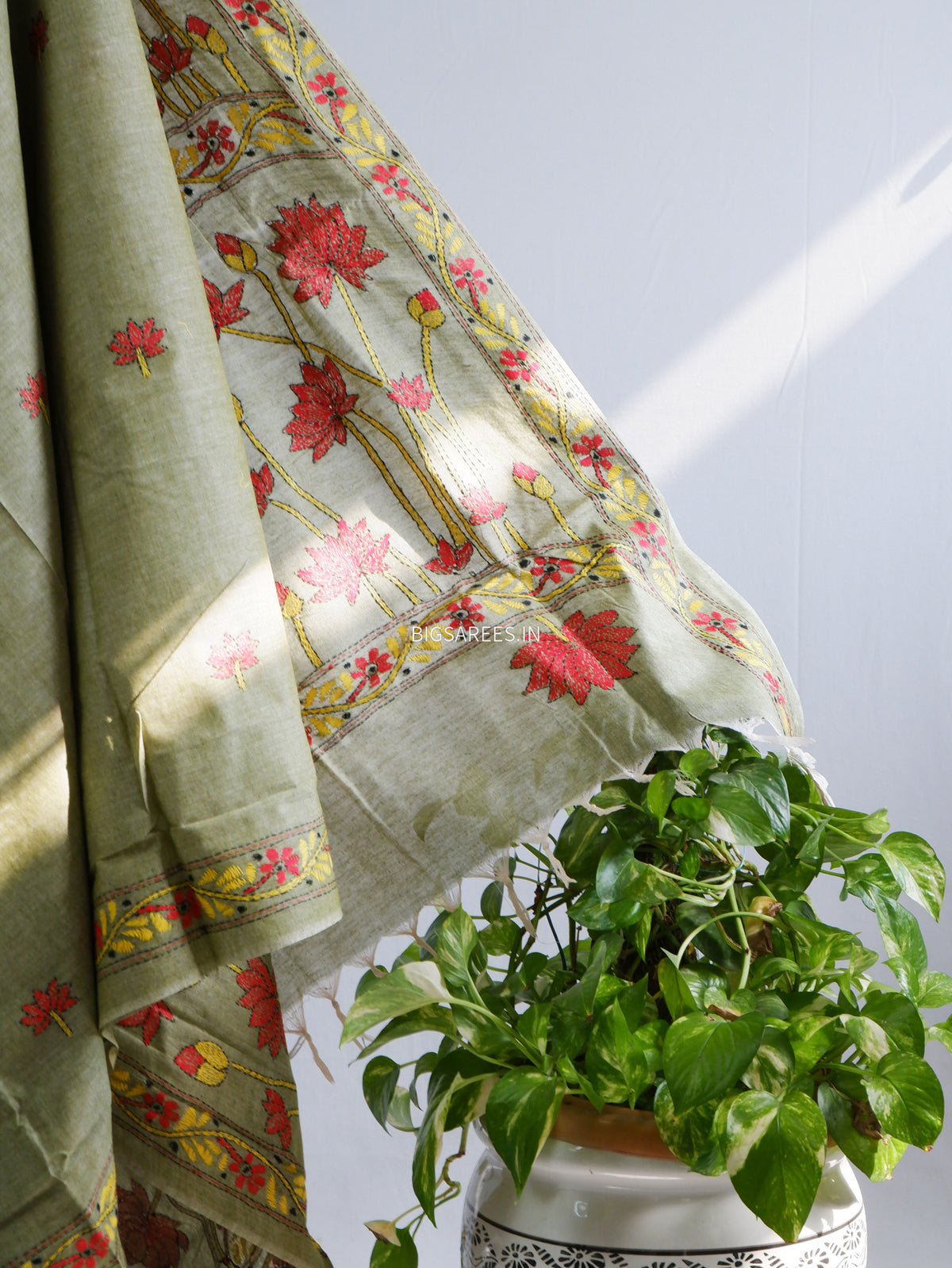 Kantha Hand-Embroidered Saree | Pure Khadi Cotton | Moss Green