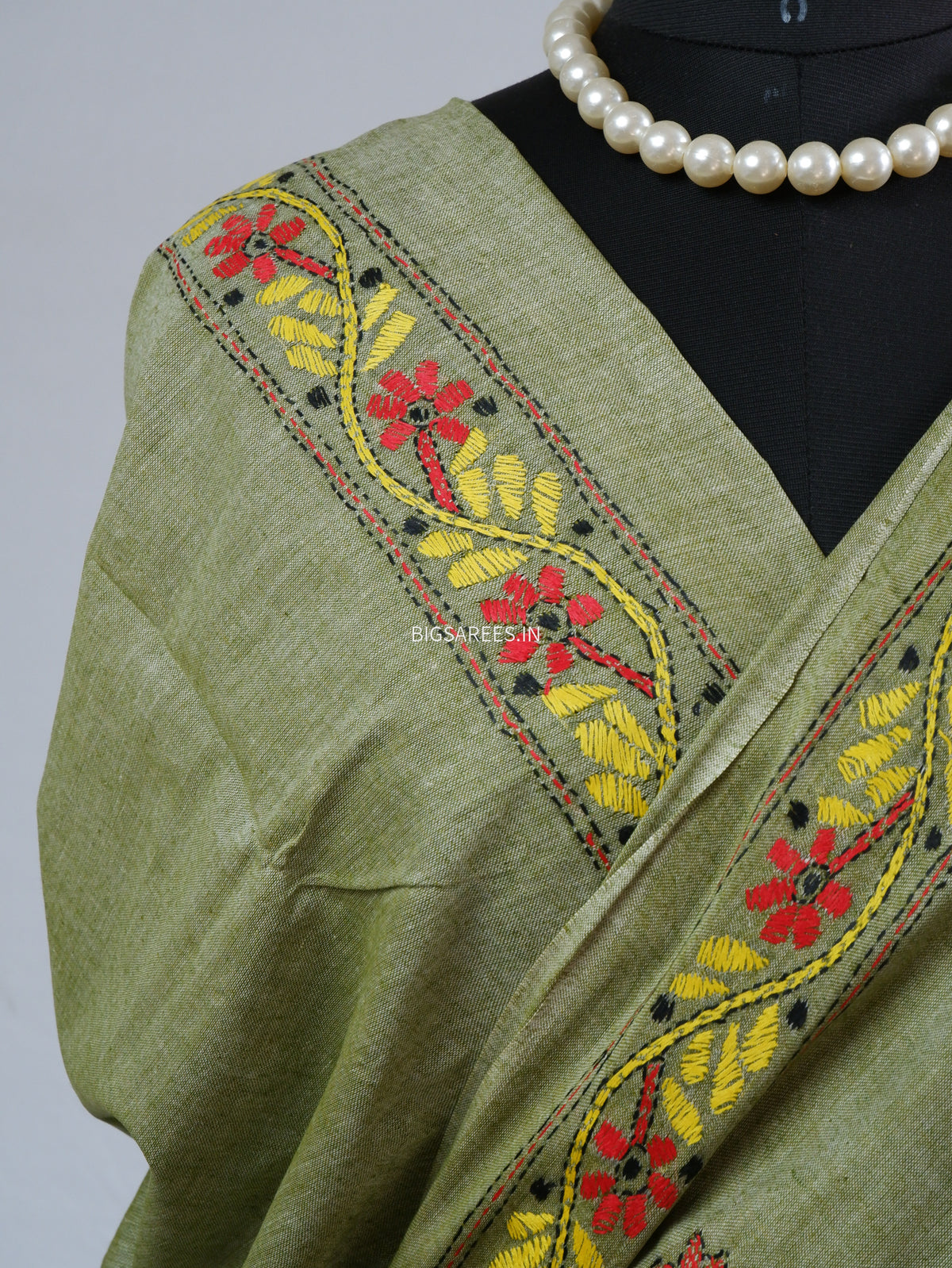 Kantha Hand-Embroidered Saree | Pure Khadi Cotton | Moss Green