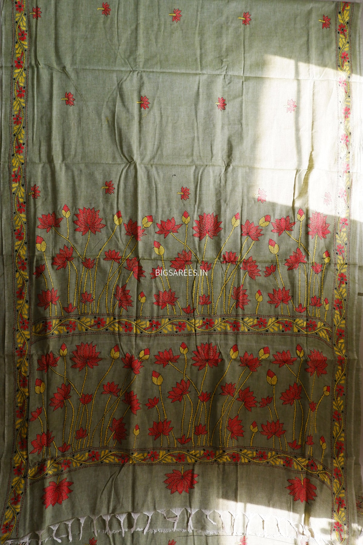 Kantha Hand-Embroidered Saree | Pure Khadi Cotton | Moss Green