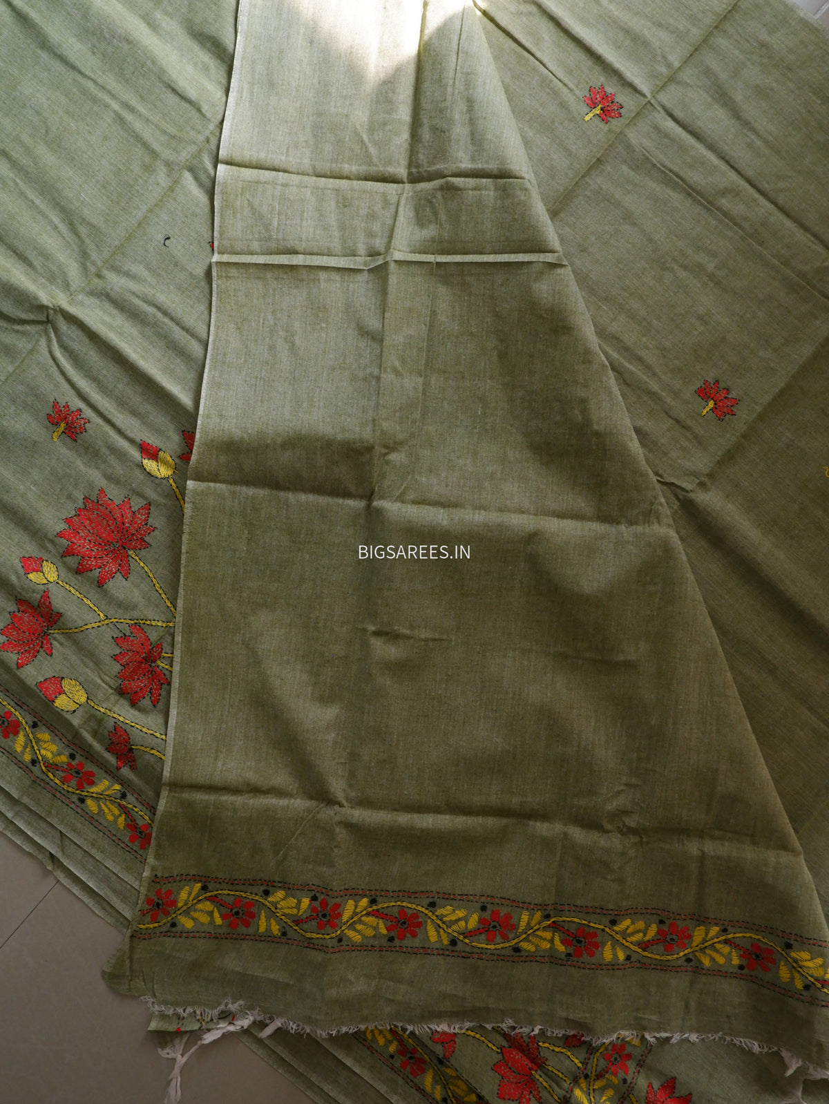 Kantha Hand-Embroidered Saree | Pure Khadi Cotton | Moss Green