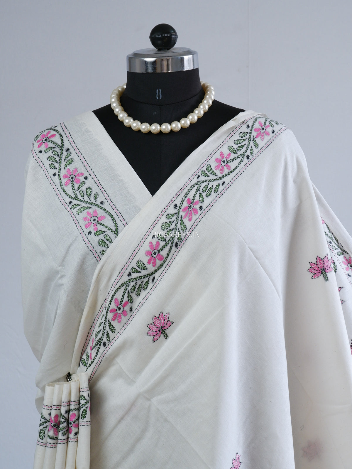 Kantha Hand-Embroidered Saree | Pure Khadi Cotton | White