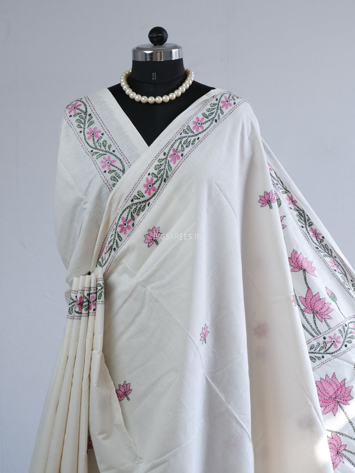 Kantha Hand-Embroidered Saree | Pure Khadi Cotton | White