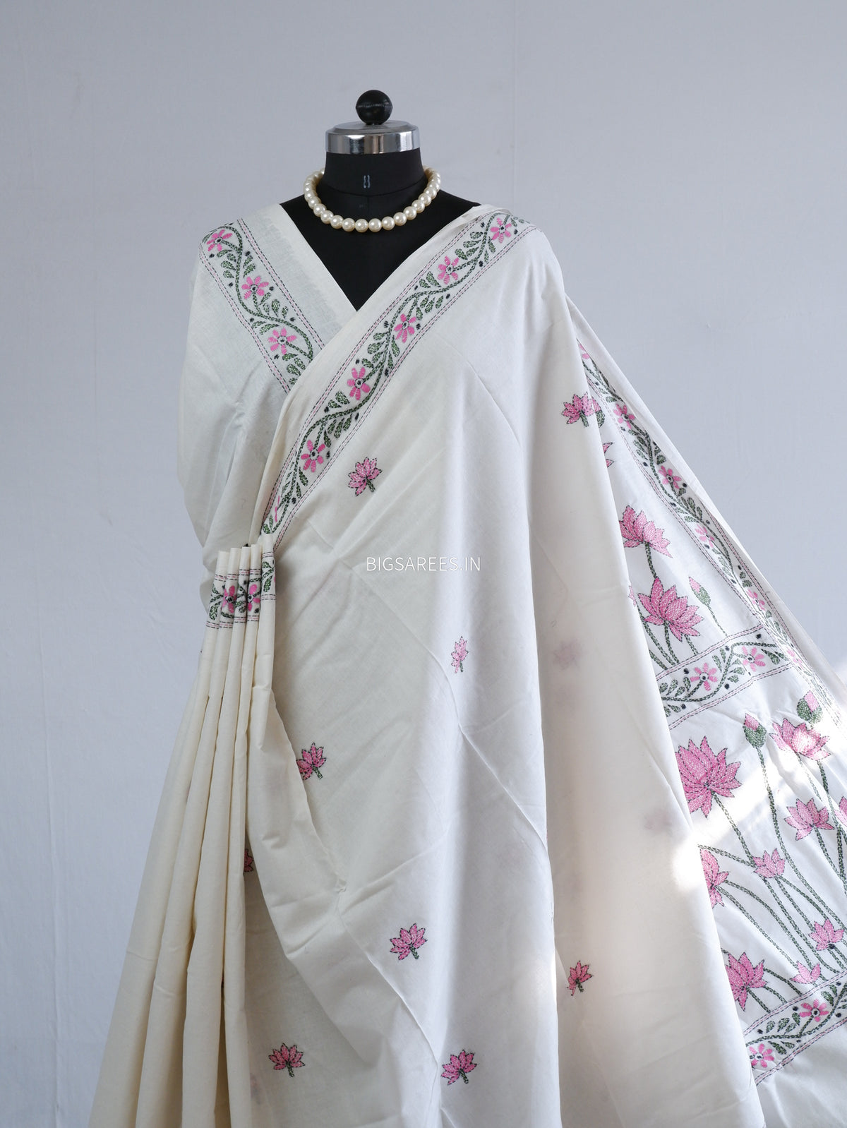 Kantha Hand-Embroidered Saree | Pure Khadi Cotton | White