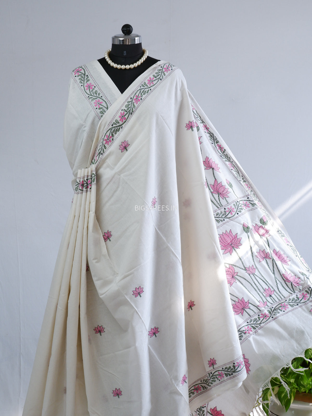 Kantha Hand-Embroidered Saree | Pure Khadi Cotton | White