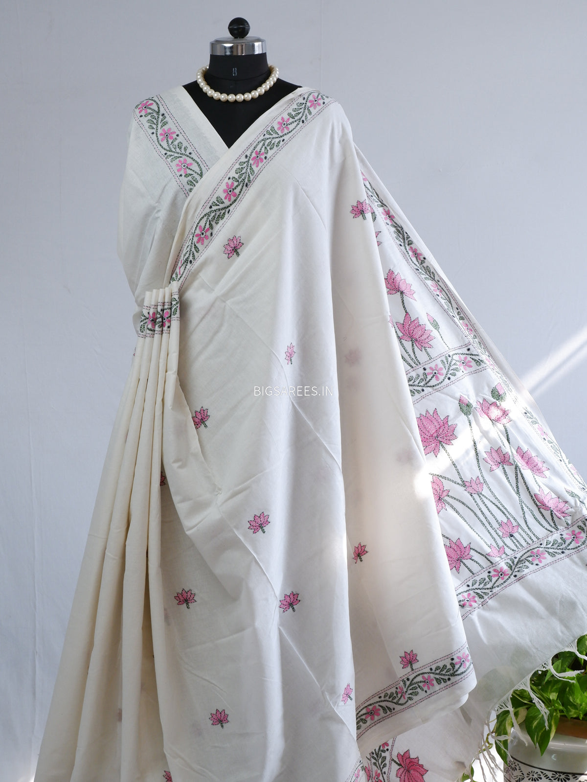 Kantha Hand-Embroidered Saree | Pure Khadi Cotton | White