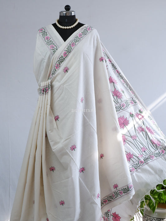 Kantha Hand-Embroidered Saree | Pure Khadi Cotton | White