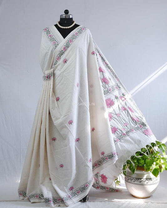 Kantha Hand-Embroidered Saree | Pure Khadi Cotton | White