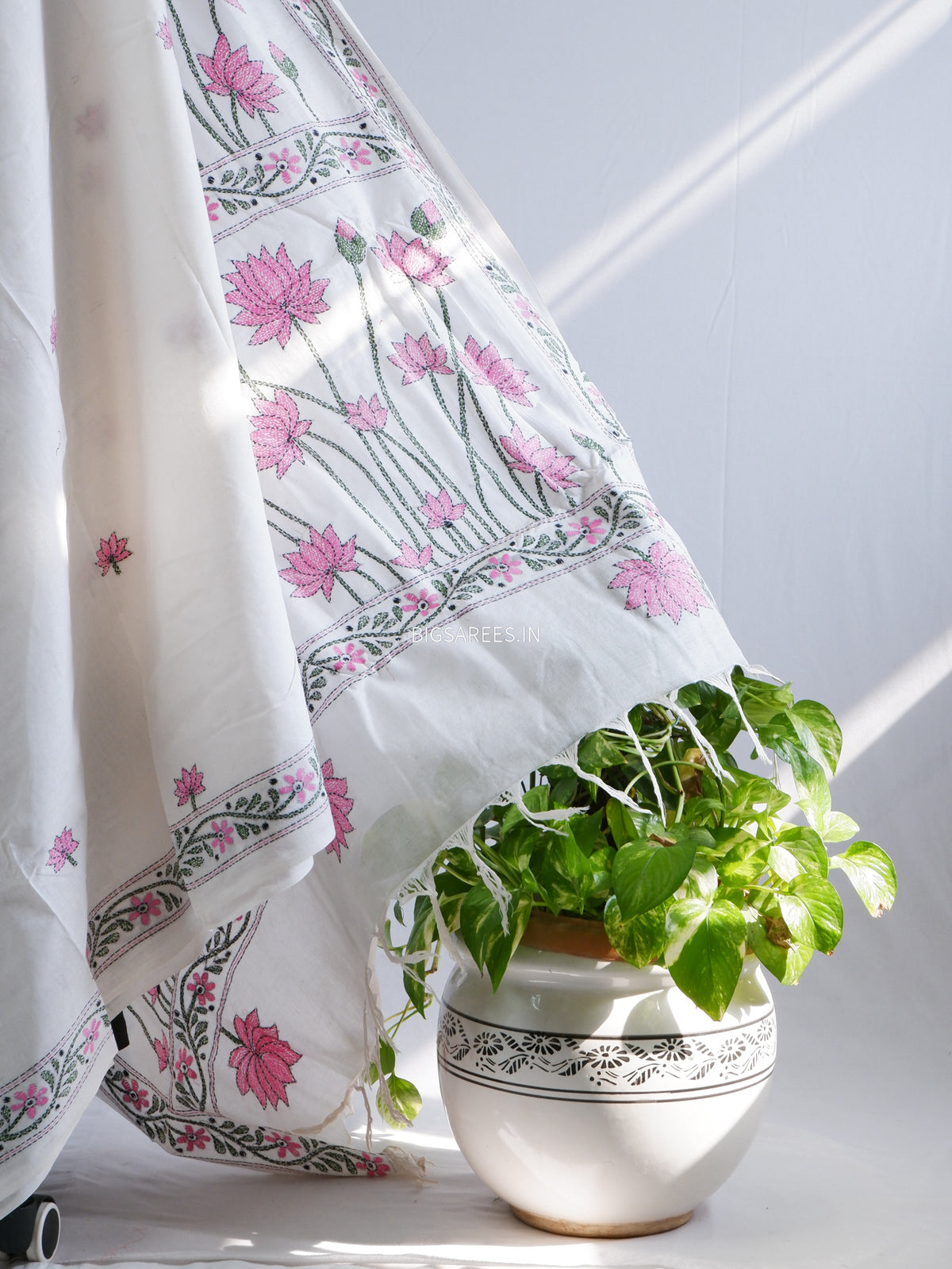 Kantha Hand-Embroidered Saree | Pure Khadi Cotton | White
