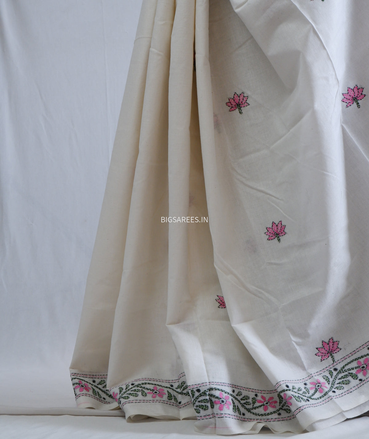 Kantha Hand-Embroidered Saree | Pure Khadi Cotton | White