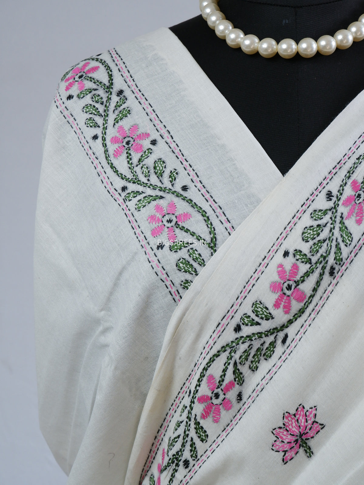Kantha Hand-Embroidered Saree | Pure Khadi Cotton | White